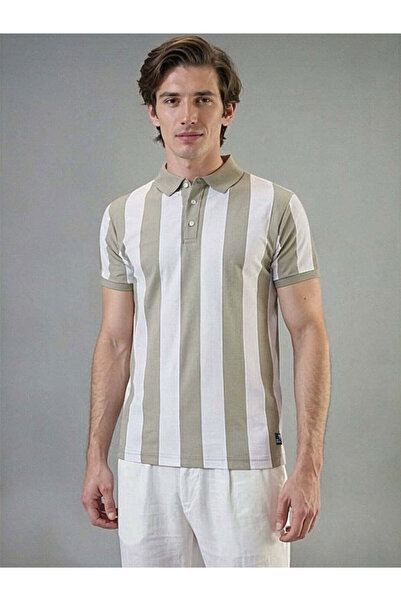 STATUS QUO All-Over Striped Polo Collar Regular Fit Sage T-shirt