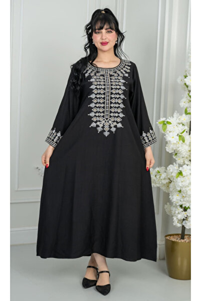 TREN Black Cotton Embroidered Kaftan Elegant Wide Fit Jalabiya Long Sleeve Mo...