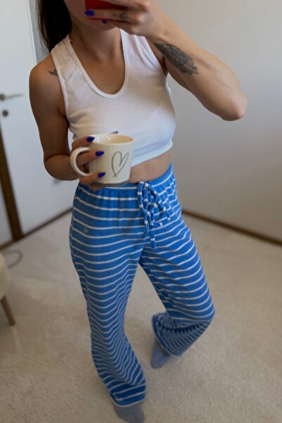 MoyStore بيجامة سفلية من قماش التيري باللونين الأزرق والأبيض مخطط بيليند بأربطة