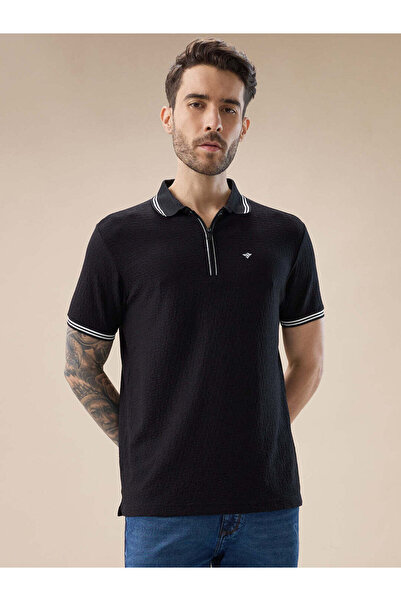 STATUS QUO Textured Contrast Tipping Regular Fit Black Polo T-shirt