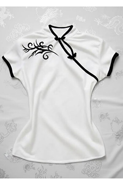 DEEFWEAR Guler chinezesc alb cu motive florale, cu dungi, vintage Y2K, cu mân...