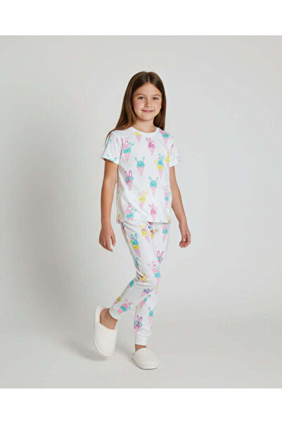 REDTAG Girls White Rick Rack Allover Print Short Sleeve Pyjama Set