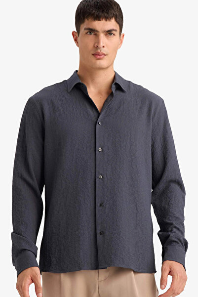 DeFacto D7246Axgr499 Gray Modern Fit Polo Collar Woven Long Sleeve Shirt