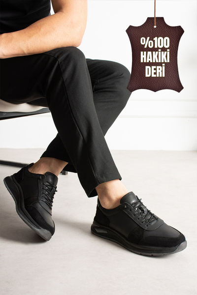 Victoris Nexon Genuine Leather Men's Lace-Up Comfort Sole Casual Black Sneakers