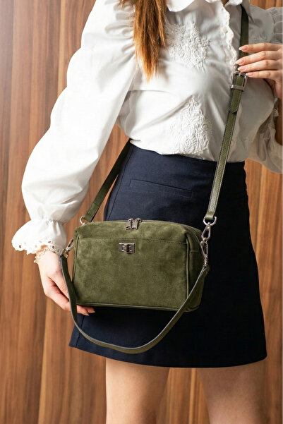 PIEL LINO Women's Khaki Suede Suede E Leather Muz and Chap Crossbody Bag 038-...