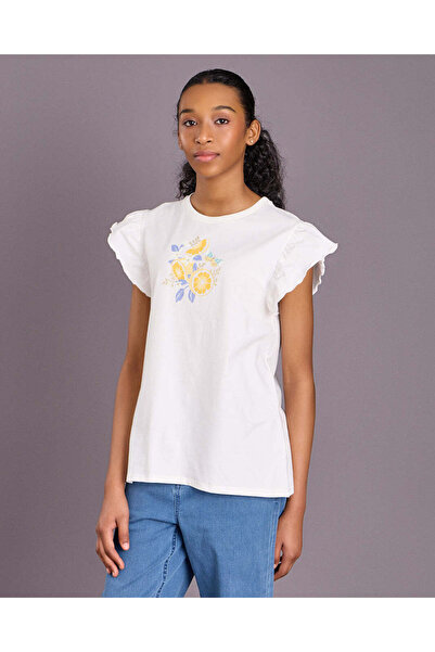 REDTAG Senior Girls Off White Butterfly Printed T-Shirt