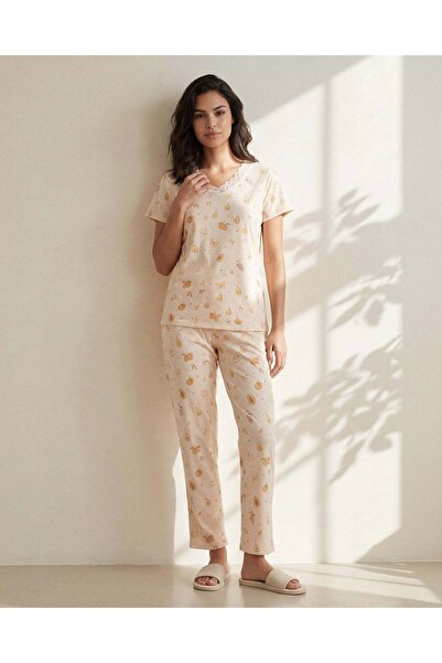 REDTAG Women Beige Floral V Neck Pajama Set