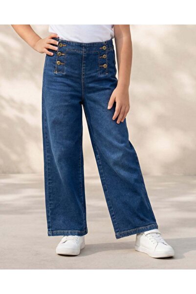 REDTAG بنطلون جينز واسع الساقين بأزرار باللون الكحلي للبنات