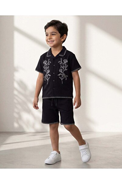 REDTAG Boys Black Embroidery Short Sleeve Shirt With Shorts Set