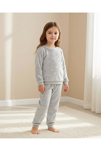 REDTAG Girls Grey Star And Moon Print Long Sleeve Pyjama Set