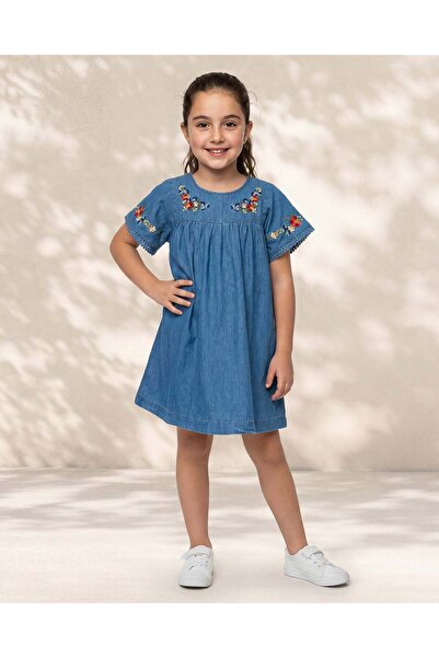 REDTAG Girls Blue Embroidered Short Sleeve Denim Dress