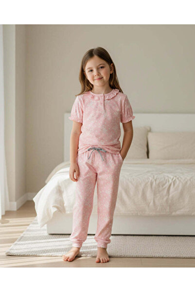 REDTAG طقم بيجاما بناتي بأكمام قصيرة مزين بطبعة فيونكة باللون الوردي الفاتح