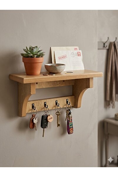 akçehome Antre Rafı ve 4'lü Anahtar Askısı - 35cm, Dekoratif Duvar Rafı & Ana...