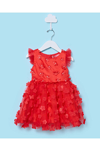 REDTAG Infant Girls Red Floral Applique Party Dress