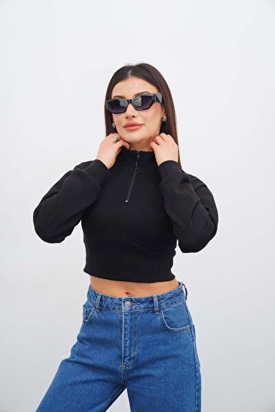 Merci Women's Black Zippered Crop Sweatshirt