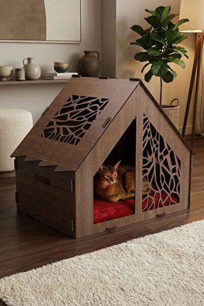 StarLightning Ahşap Büyük Kedi Yatağı Premium Kalite Ceviz Renk Kedi Evi 50x3...
