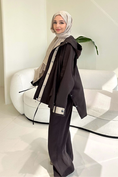 Ovn. Calista Kapüşonlu Çıtçıtlı Kısa Trenç - Acı Kahve