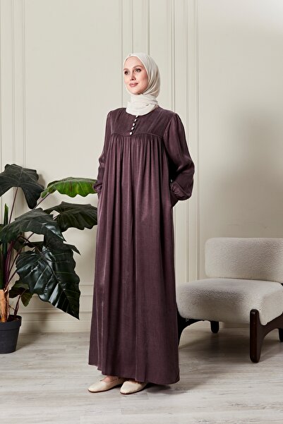 fistan Kupra Fabric Hijab Dress with Button Detail, Comfortable Fit, Long Dre...