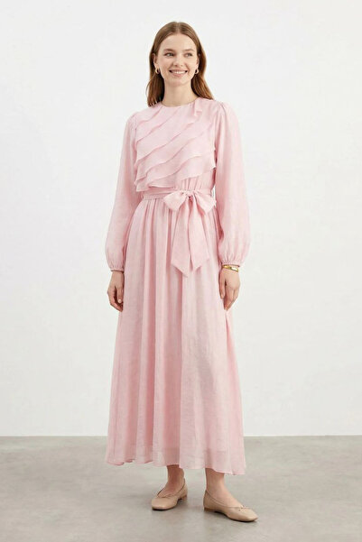 Loreen Front Ruffle Detailed Belted Chiffon Dress-Pink Pink