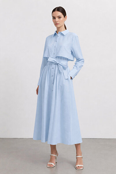 Loreen Shirt Detail Belted Dress-Baby Blue Baby Blue