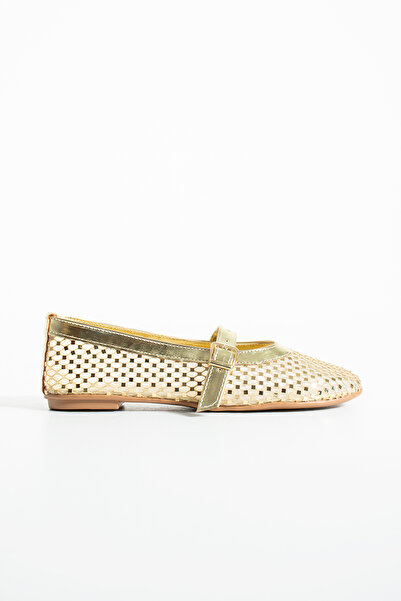 Gökçe Shoes Siwi Gold File Detay Taşlı Kadın Babet Ayakkabı