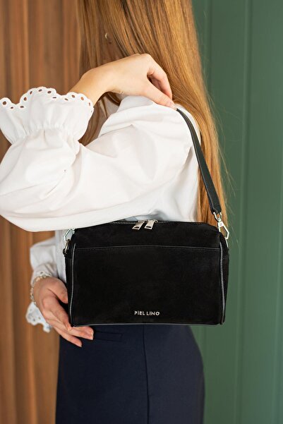 PIEL LINO Women's Genuine Suede Suede E Leather Muz and Chap Crossbody Bag 038-S Black