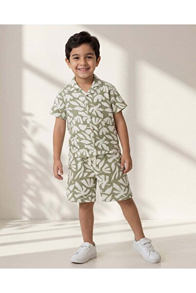 REDTAG Boys Green Printed Shirt With Shorts Set