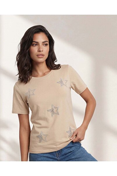 REDTAG Women Beige Embellished T-Shirt