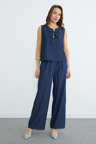 Fulla Moda Önü Tie-Detail Pocketed Jean 2-Piece Set