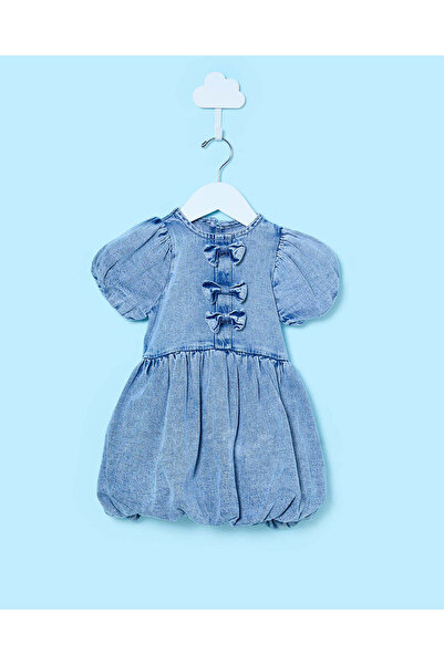 REDTAG Infant Girls Blue Front Bow Denim Dress