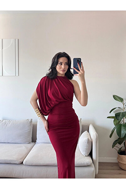 Zoom Butik Tek Omuz Drapeli Elbise - BORDO