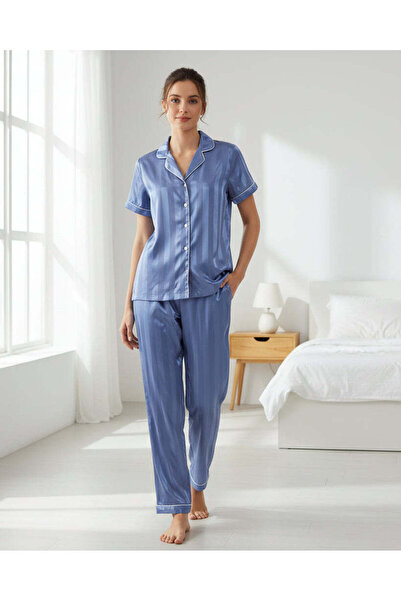 REDTAG Women Blue Jacquard Short Sleeve Pyjama Set