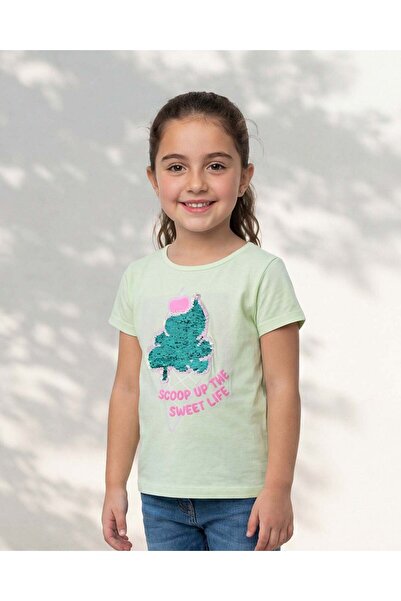 REDTAG Girls Yellow Flower Sequins T- Shirt