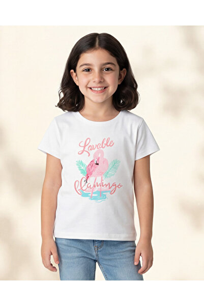 REDTAG Girls White Flamingo Placement Print T-Shirt