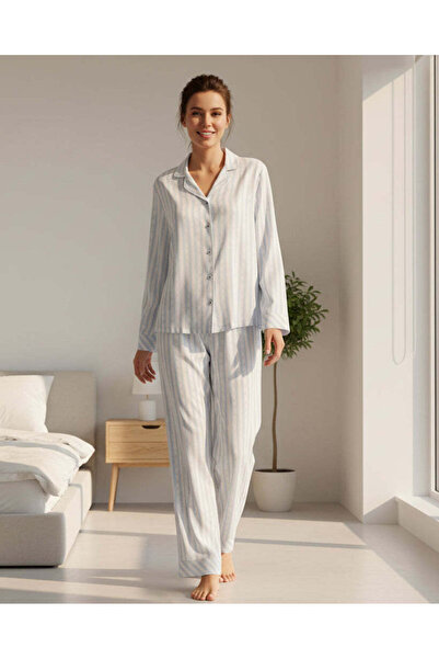 REDTAG طقم بيجاما نسائي مخطط بأكمام طويلة وياقة