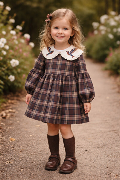 bebeğim butik Yakası kuş işleme kız çocuk elbise