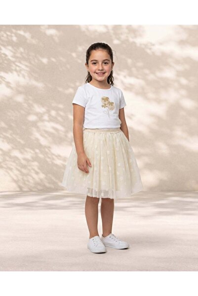REDTAG Girls White Floral Tee With Mesh Skirt Set