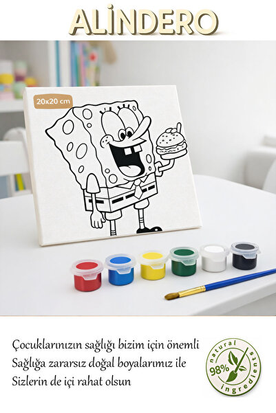 Alindero Çocuk boyama tuval seti SÜNGER BOB SPONGEBOB 6 lı akrilik boya + fır...