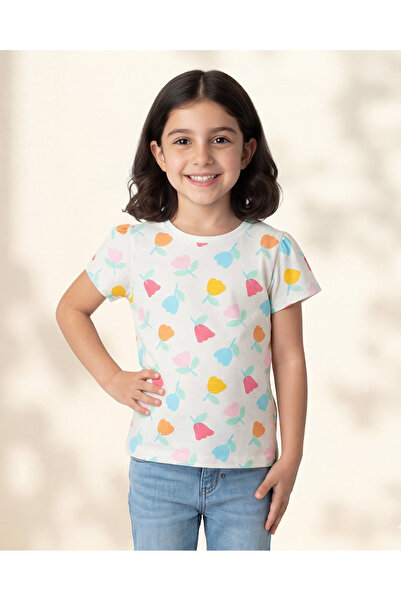 REDTAG Girls White Floral Allover Print T-Shirt