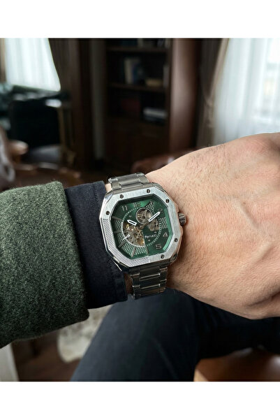 Ferrucci Otomatik Skeleton Erkek Kol Saati 46 mm Çelik Kasa Yeşil Kadran Meka...