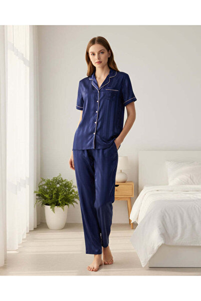 REDTAG Women Navy Jacquard Short Sleeve Pyjama Set