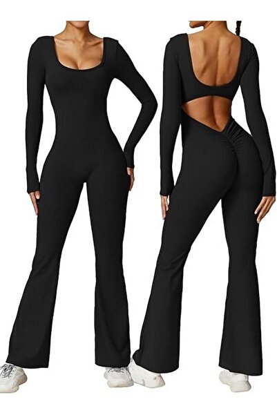 Vertvie Γυναικεία ολόσωμη φόρμα με μακριά μανίκια και Ανοιχτή πλάτη, μαύρη, μ...