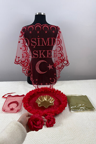AZREN STORE Kırmızı Simli O Şimdi Asker Şalı Örtüsü-Kına Tepsisi-El Gülü-Doğa...