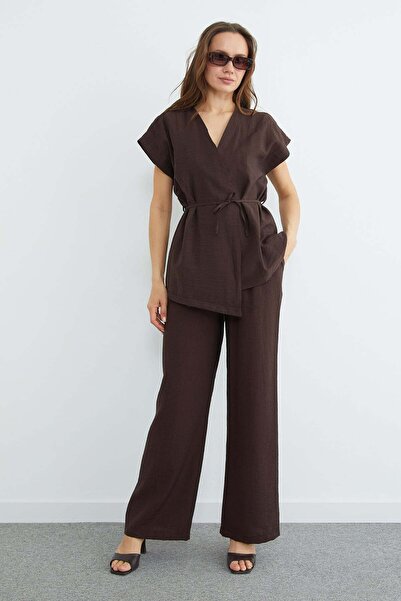 Fulla Moda Set Crinkle din 2 piese cu vestă cu mâneci scurte și legături la t...