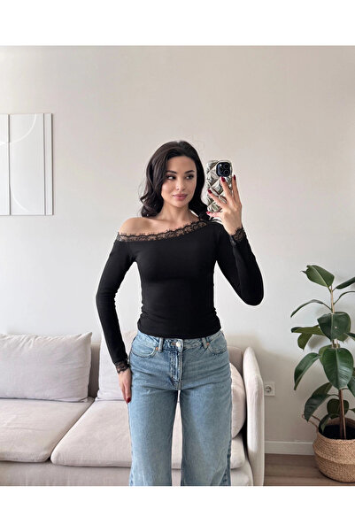 Zoom Butik Kayık Yaka Dantel Crop - SİYAH