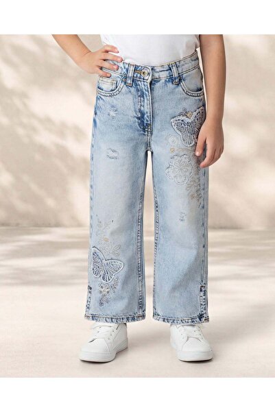 REDTAG Girls Blue Wide Leg Jeans With Butterfly Applique