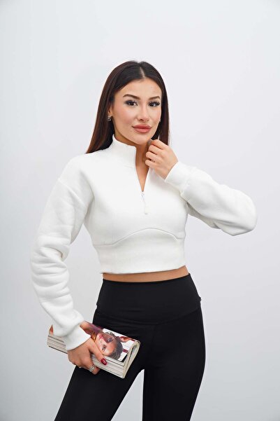 Merci Kadın Beyaz Fermuarlı Crop Sweatshirt