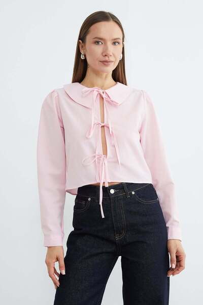 Fulla Moda Front Tie Baby Collar Crop Blouse
