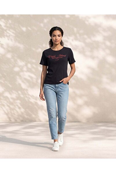 REDTAG Women Black Placement Print Rib T Shirt