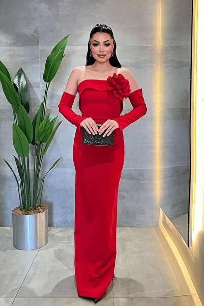 giyimmasalı Atlas Fabric Strapless Dress with Glove Detail - Red